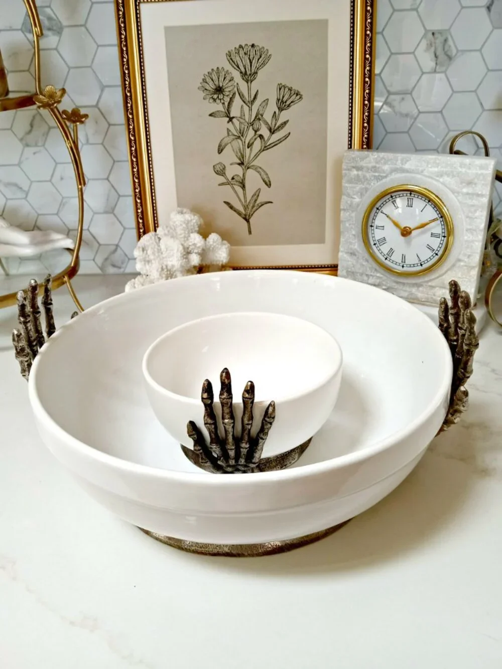 2 PC EXQUISITE SKELETON HANDS X LARGE BOWL & Dip BOWL